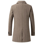 Khaki herringbone wool overcoat back view with long sleeves and center seam