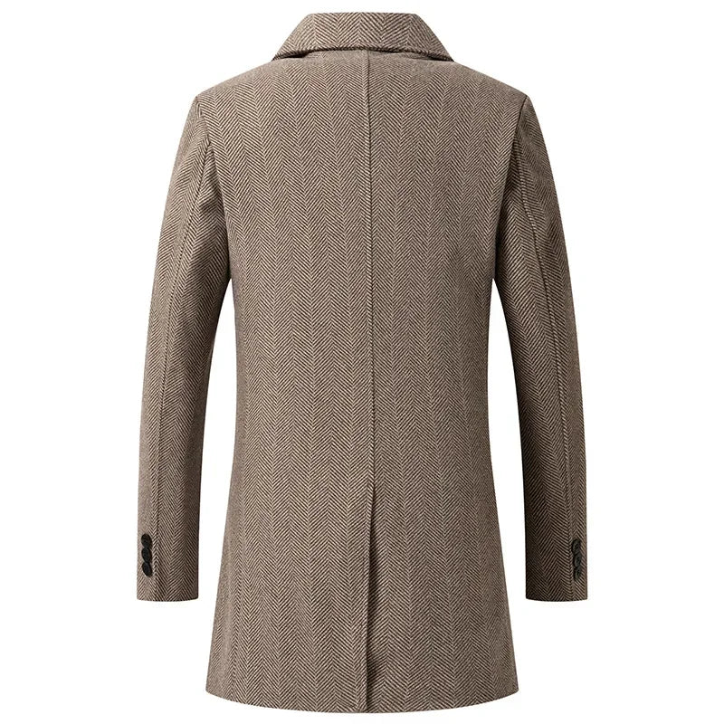 Khaki herringbone wool overcoat back view with long sleeves and center seam