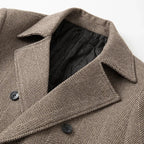 Khaki herringbone wool overcoat detail: notched lapels and button placket