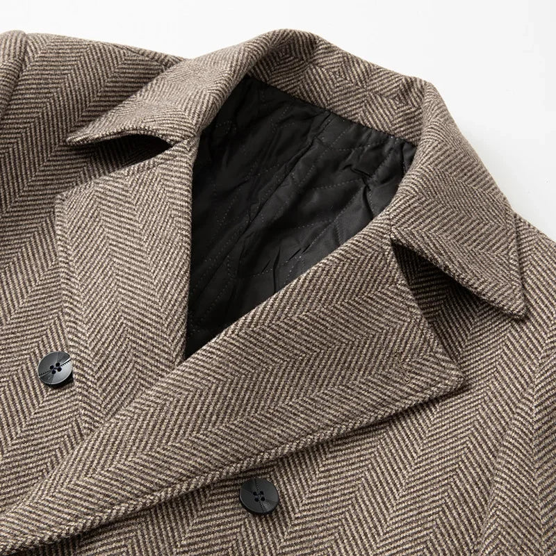 Khaki herringbone wool overcoat detail: notched lapels and button placket