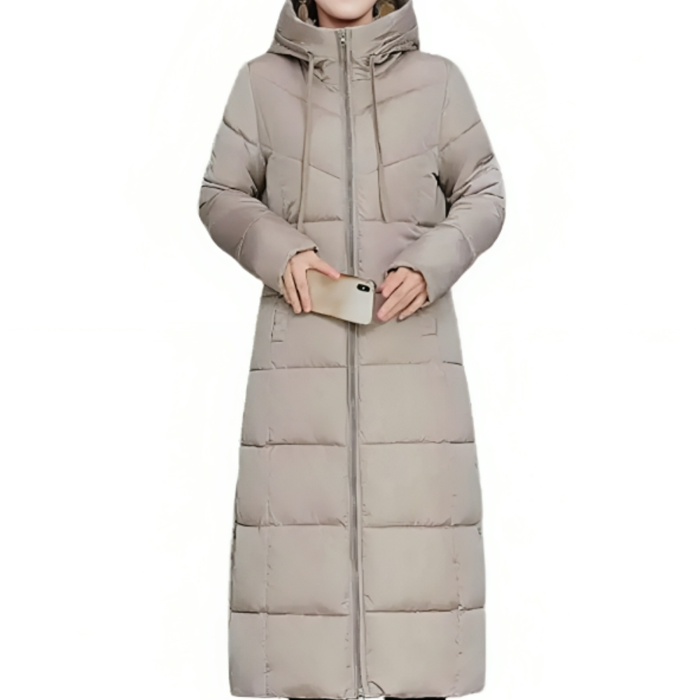 Women's long padded winter coat with hood and zip front, quilted taupe
