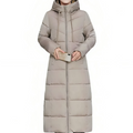 Women's long padded winter coat with hood and zip front, quilted taupe