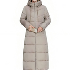 Women's long padded winter coat with hood and zip front, quilted taupe