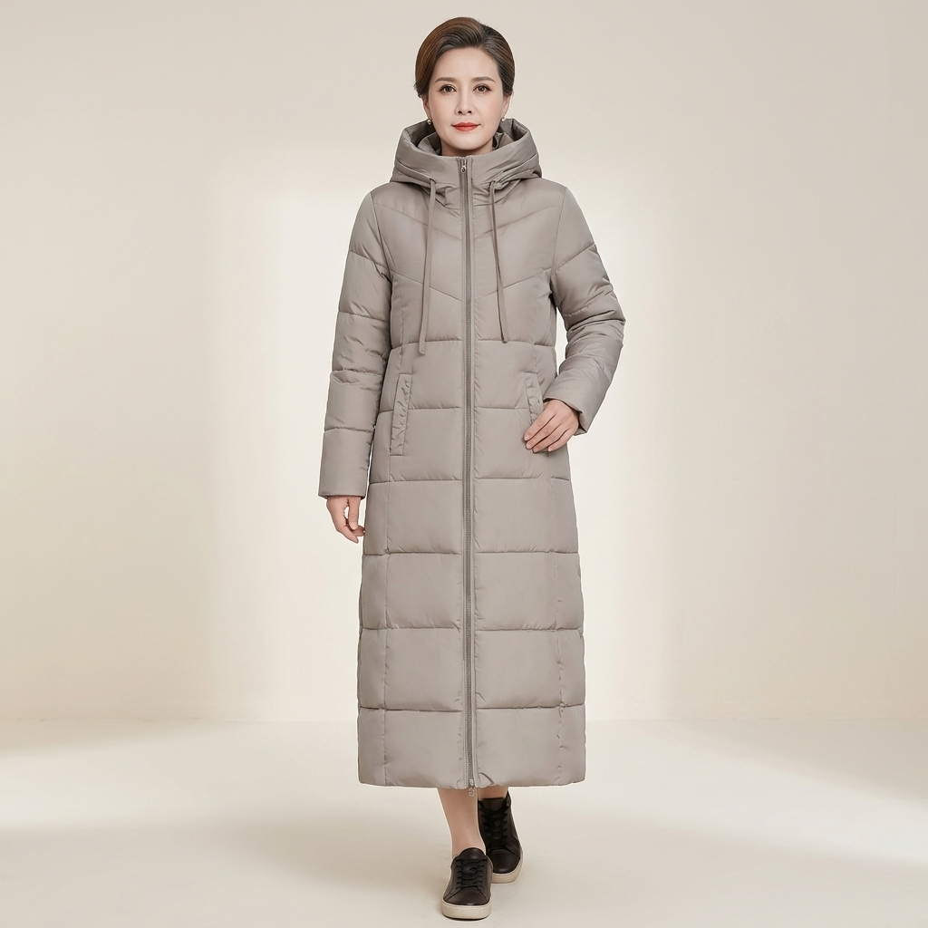 Women's Long Quilted Padded Winter Coat with Hood Ankle Length Regular Fit Casual