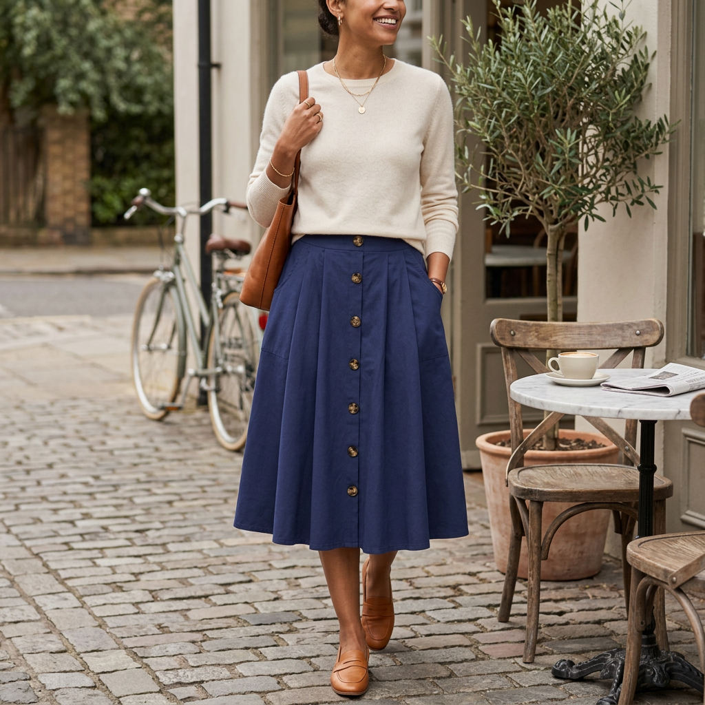 Women's high-waisted A-line button-front skirt with elastic waistband, dark blue