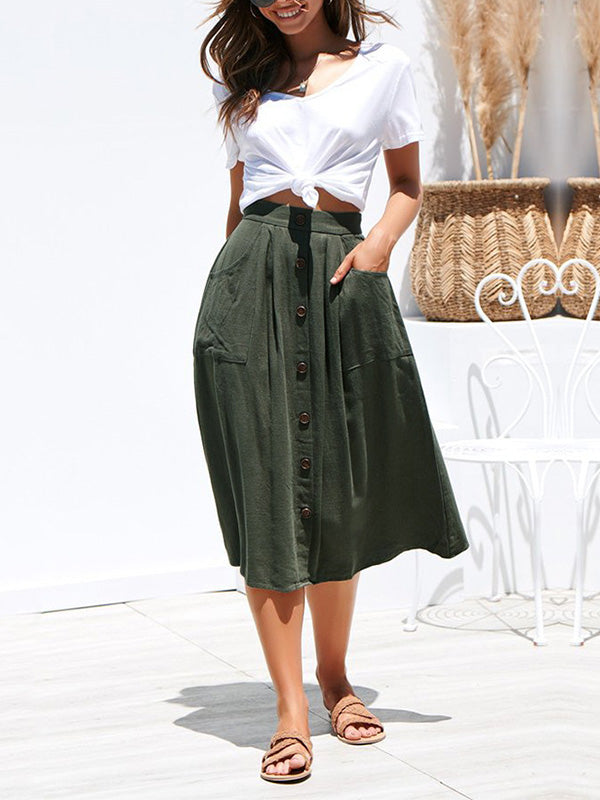 Army green A-line skirt with button front and elastic waist, side pockets