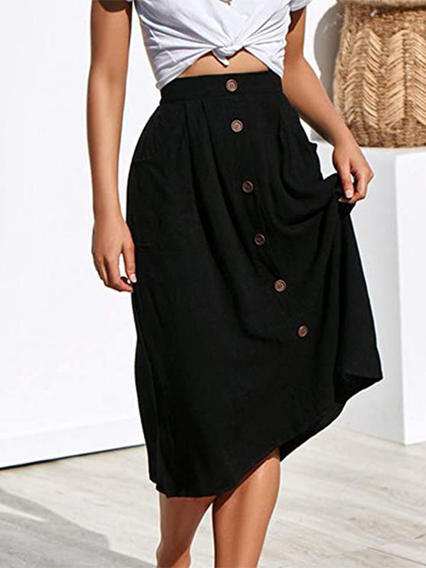 Black A-line skirt with button front, elastic waist and side pockets