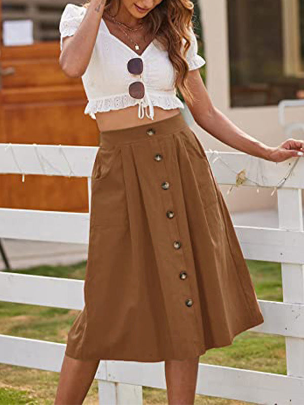 Brown A-line skirt with button front, elastic waist and front pockets