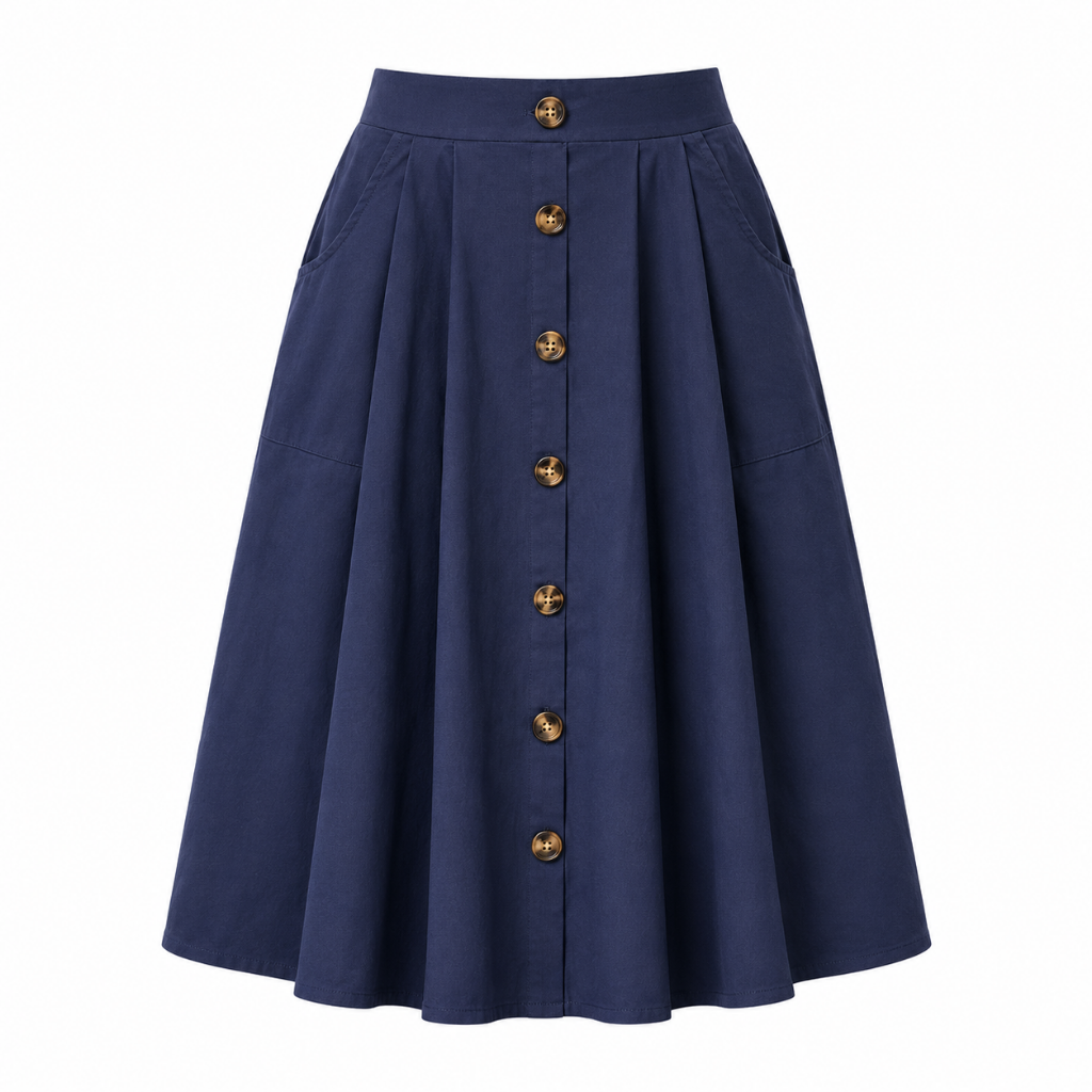 Women's high-waisted A-line skirt with button front and elastic waist, dark blue