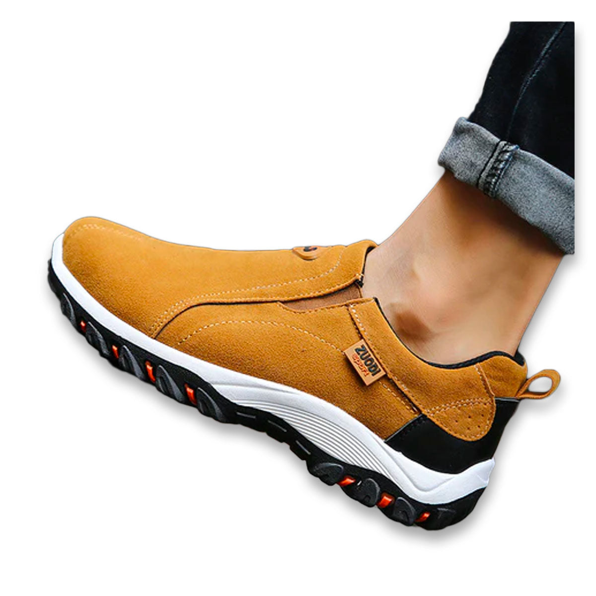 Men's casual slip-on shoes, tan with black side panels and white sole