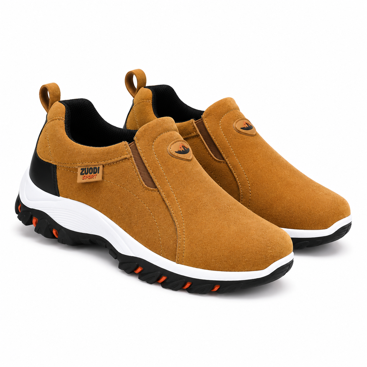 Tan suede casual shoes with side elastic gore and white flexible sole