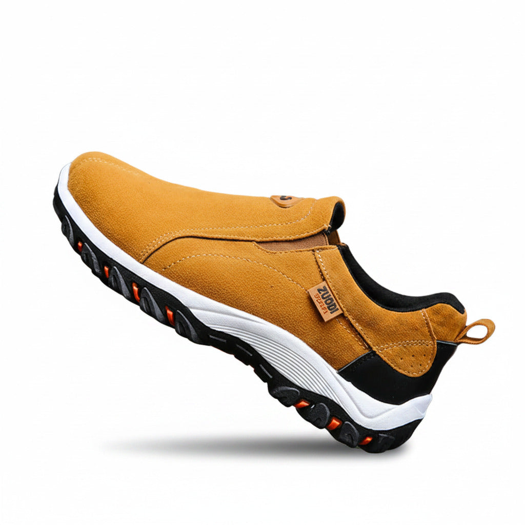 Tan casual slip-on shoes with elastic gore and white flexible sole