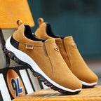 Men's casual slip-on shoes, beige suede upper with black side accents and white sole