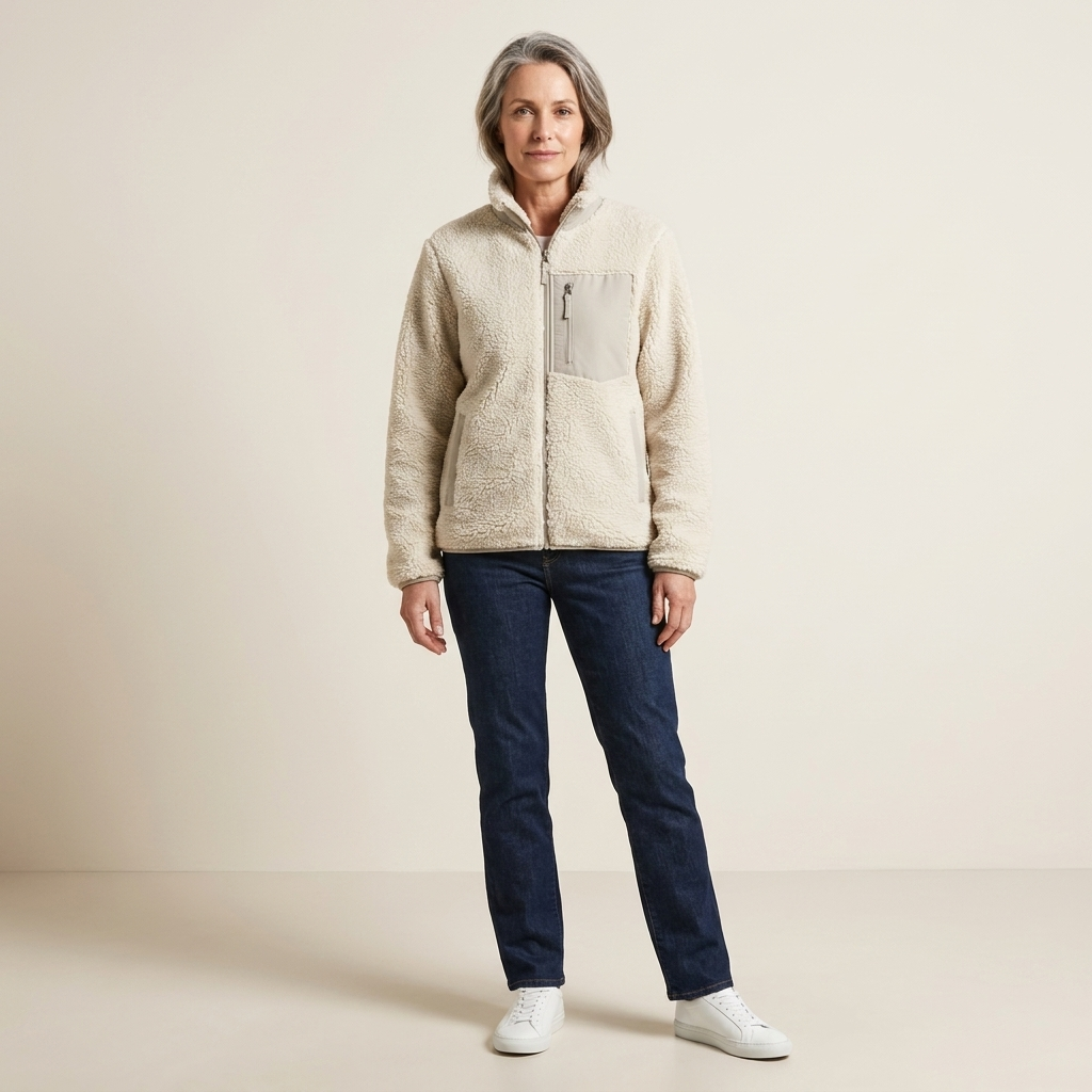 Women's Full Zip Fleece Jacket High Collar Contrasting Pocket Relaxed Fit Casual Wear