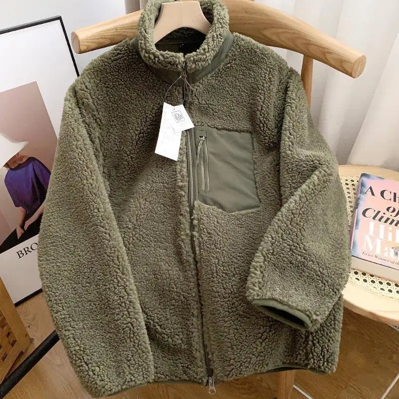 Olive green fleece zip-up jacket with high collar and front chest pocket