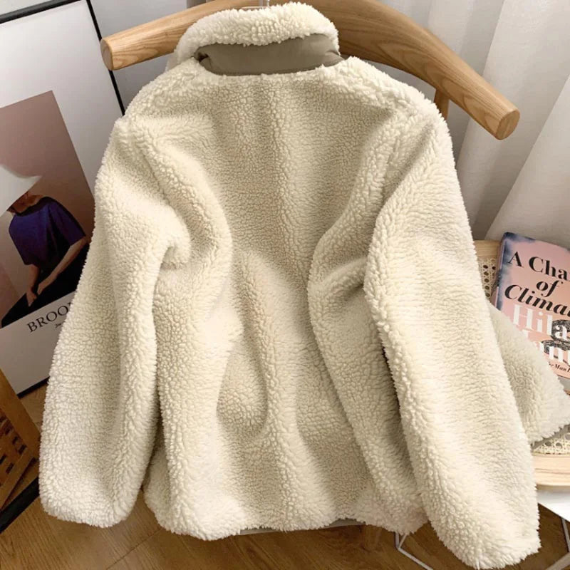 Cream fleece zip-up jacket back view with full-length sleeves and high collar