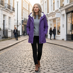 Women's hooded quilted winter coat, purple, zip front with pockets