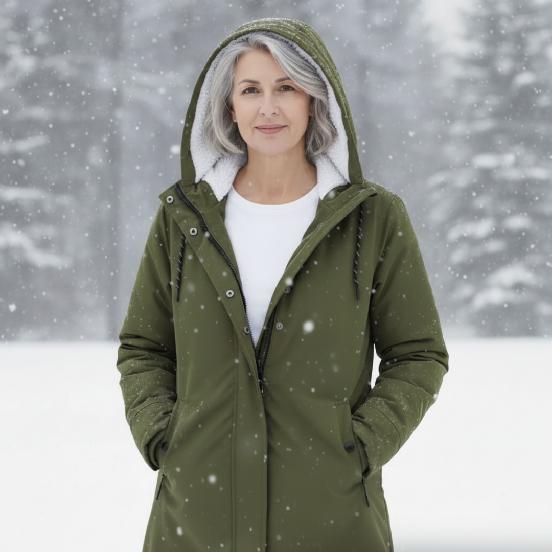 Quilted winter coat in army green with hood and sherpa lining, zip-front and drawcord.