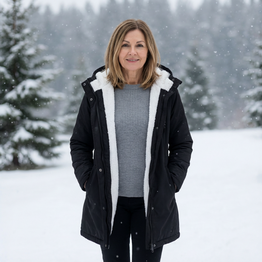 Quilted winter coat in black with hood and sherpa lining, zip-front and drawstring hem.