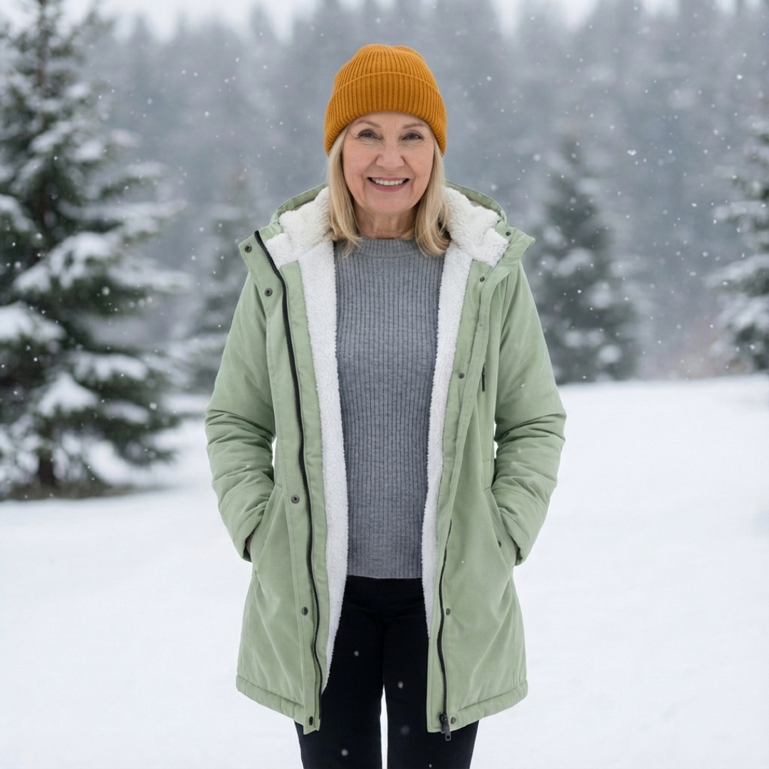 Quilted winter coat in mint green with hood and sherpa lining, zip-front and side pockets.