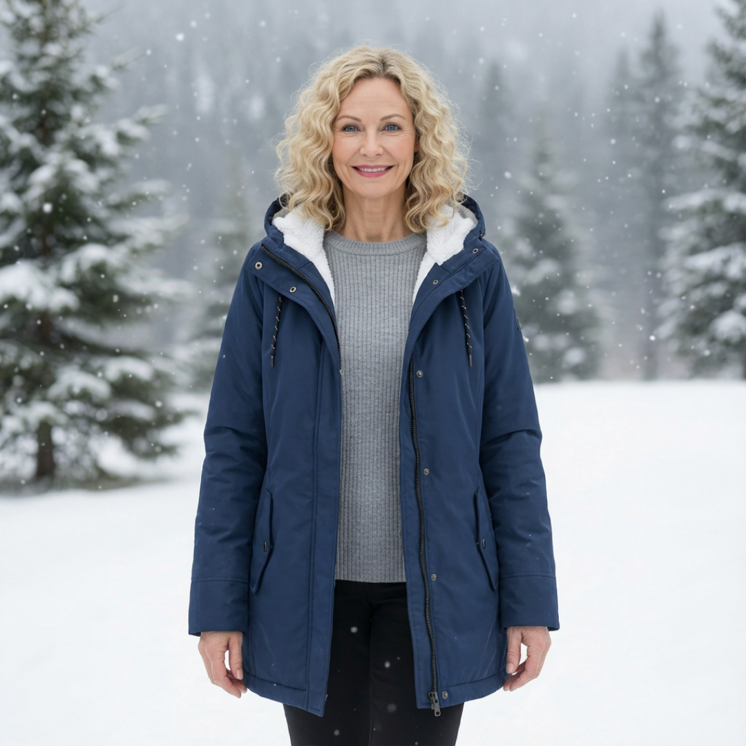 Quilted winter coat in navy blue with hood and sherpa lining, zip-front with side pockets.