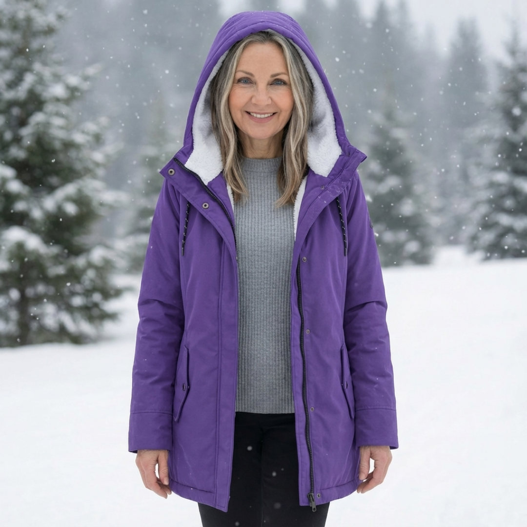 Quilted winter coat in violet with hood and sherpa lining, zip-front and drawcord details.
