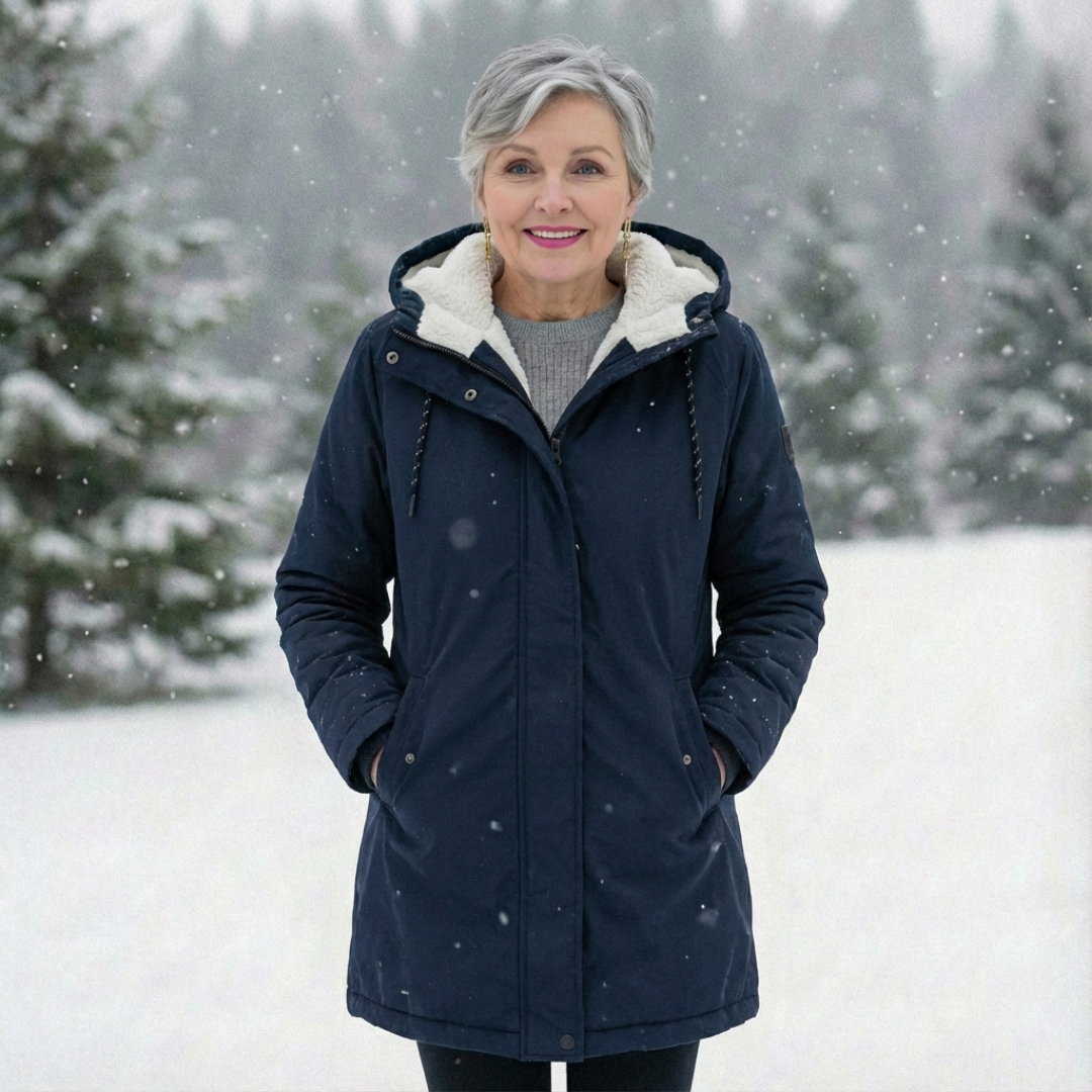 Quilted winter coat in dark blue with hood and sherpa lining, zip-front and side pockets.
