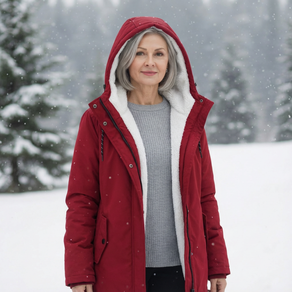 Quilted winter coat in red with hood and sherpa lining, full-zip front and pockets.