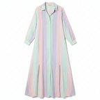 Pastel striped shirt-style maxi dress with collar, button front, and 3/4 sleeves