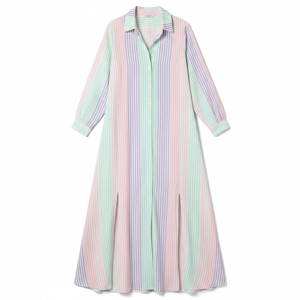 Pastel striped shirt-style maxi dress with collar, button front, and 3/4 sleeves