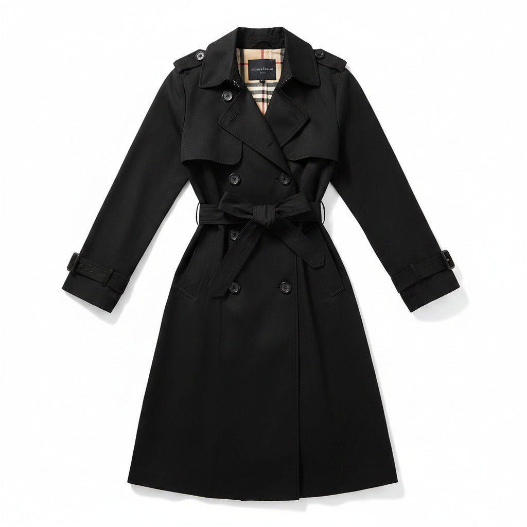 Black belted double-breasted trench coat with long sleeves and notched lapels.