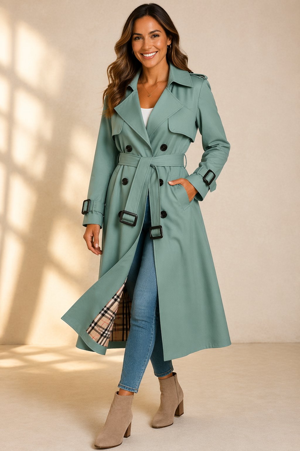 Seafoam green belted double-breasted trench coat with flap pockets and long hem.