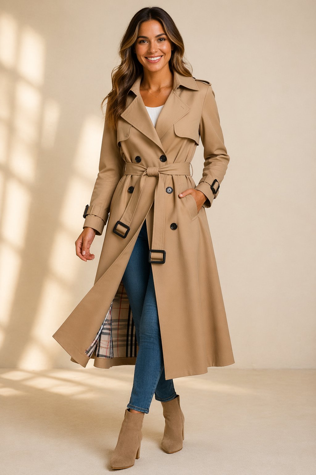 Beige belted double-breasted trench coat with flap pockets and long hem.