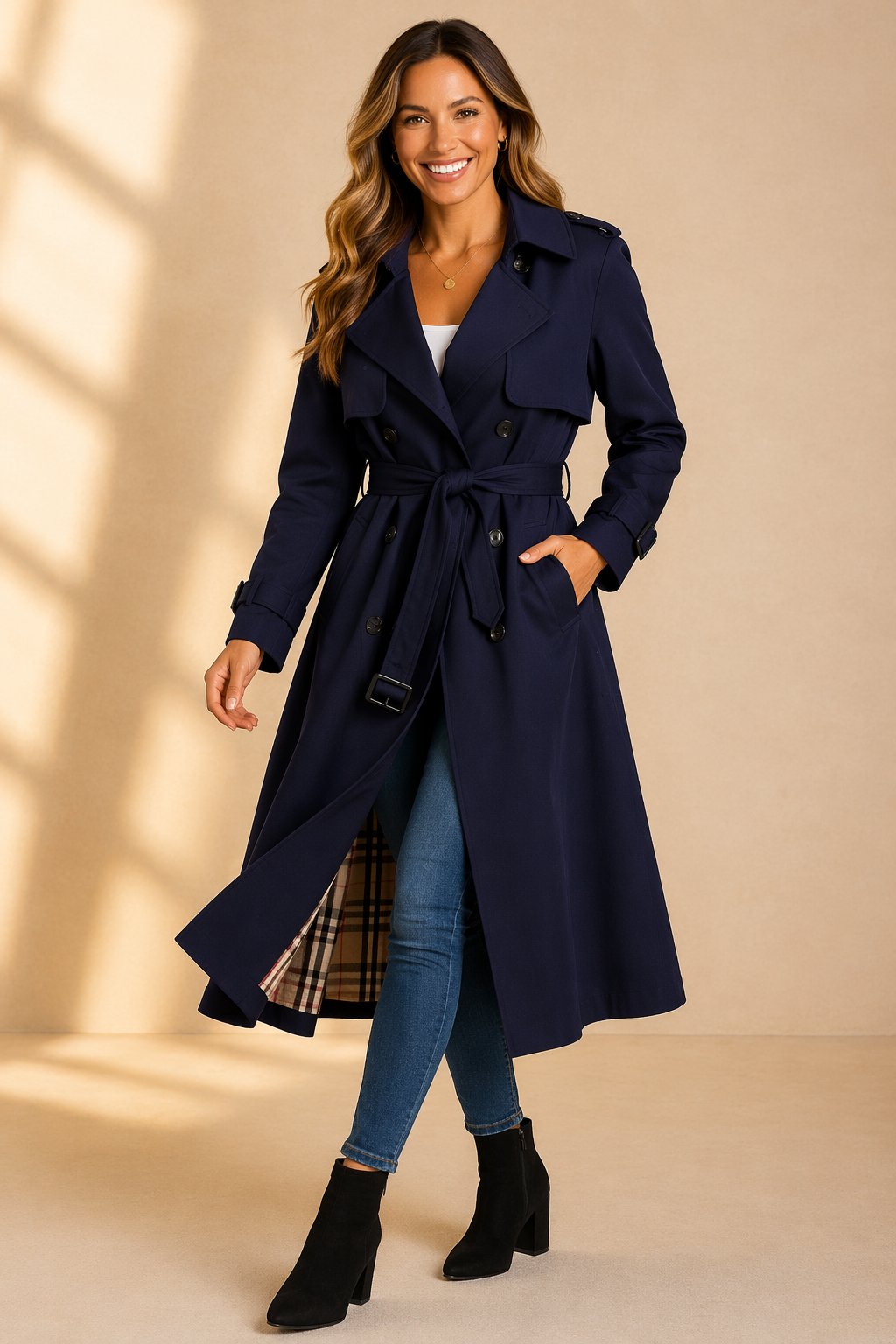 Navy belted double-breasted trench coat with flap pockets and long hem.