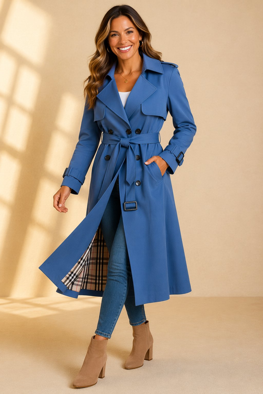 Blue belted double-breasted trench coat with flap pockets and long hem.