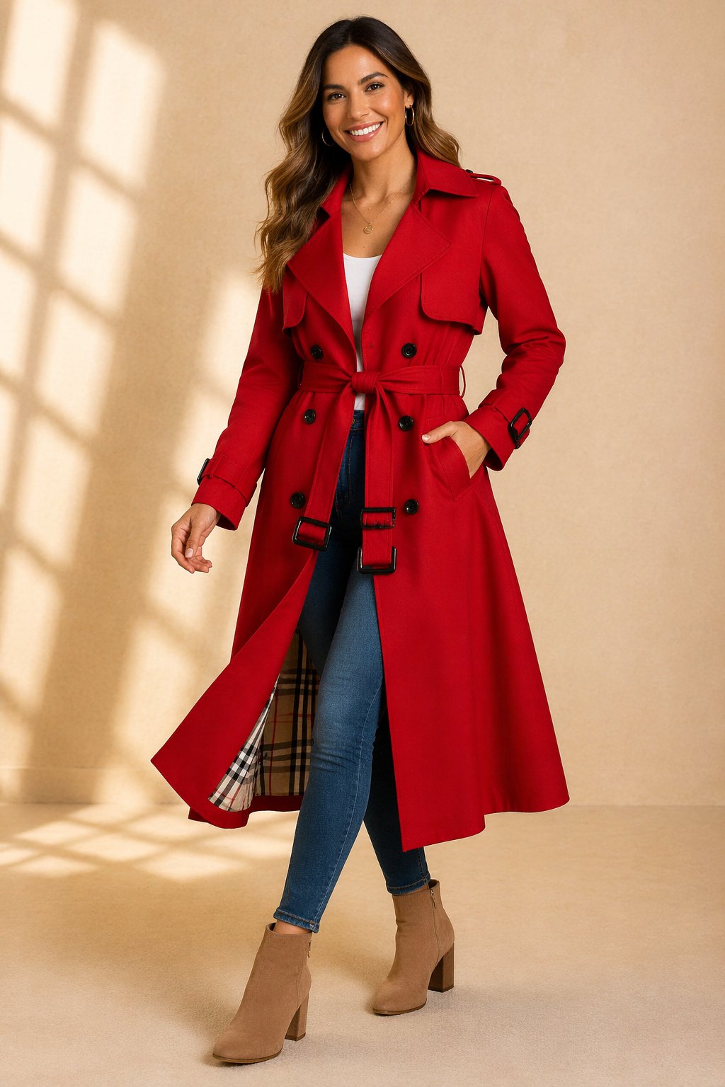 Red belted double-breasted trench coat with flap pockets and long hem.