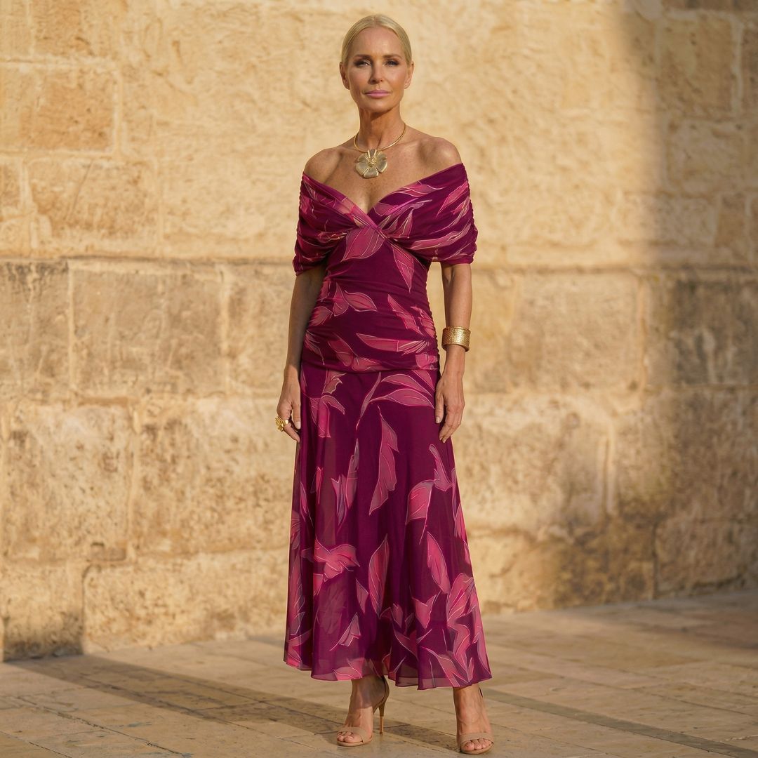 Purple off-shoulder maxi dress with leaf print, draped pleated neckline