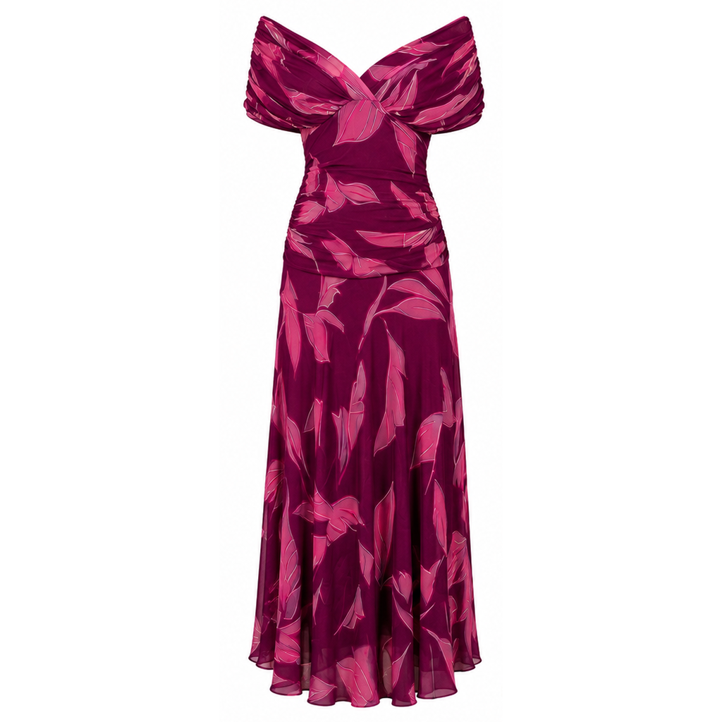 Purple off-shoulder maxi dress with draped neckline and leaf print pleats