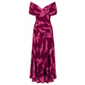 Purple off-shoulder maxi dress with draped neckline and leaf print pleats