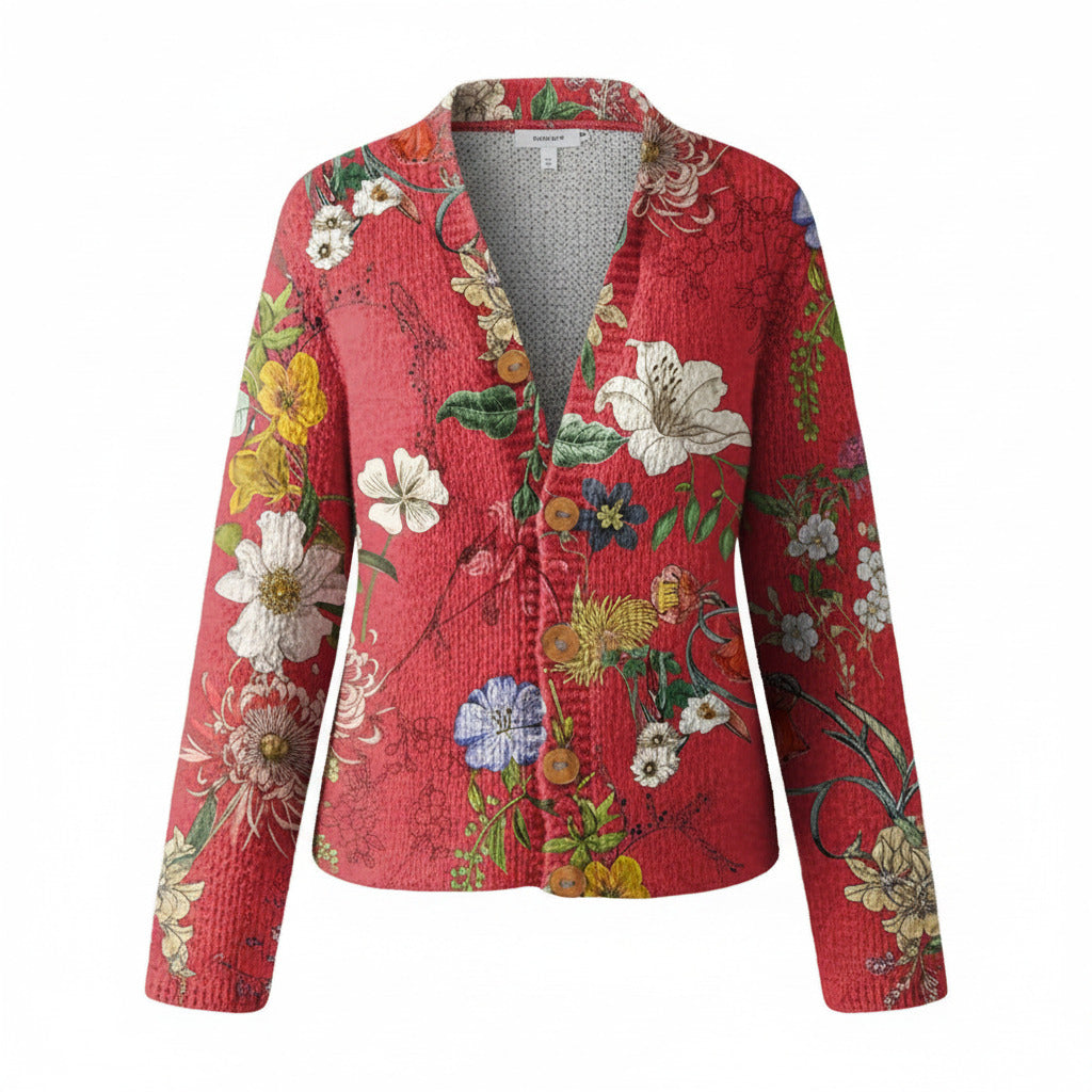 Red quilted floral cardigan with button front and white collar