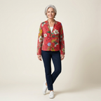 Red quilted floral button-front cardigan for women, long sleeves and front pockets