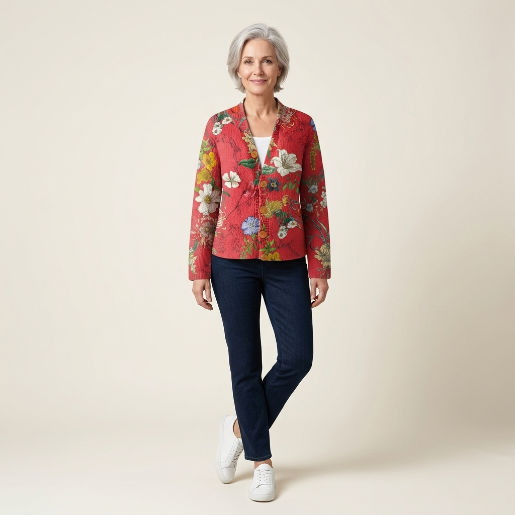 Red quilted floral button-front cardigan for women, long sleeves and front pockets