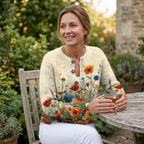 Women’s relaxed open-front knit cardigan, cream with colorful floral print and button placket