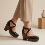 Block heel sandals with wide ankle strap and cross strap, dark leather look