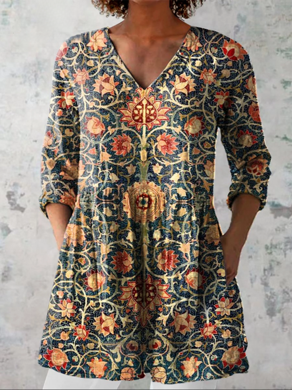 Women’s drapey V-neck blouse, long sleeves, multicolor ornate print