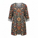 Women’s V-neck long tunic blouse with three-quarter sleeves, floral medallion print