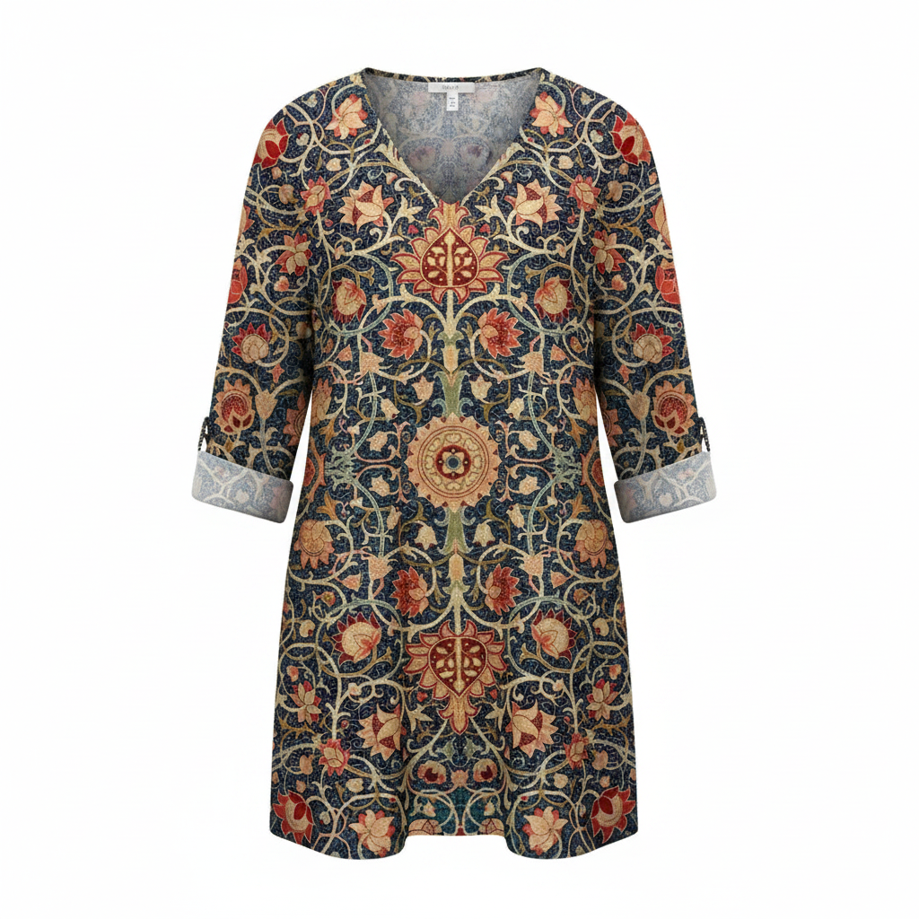 Women’s V-neck long tunic blouse with three-quarter sleeves, floral medallion print