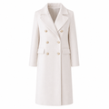 Women's white double-breasted overcoat with notch lapel and gold buttons