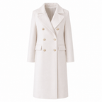 Women's white double-breasted overcoat with notch lapel and gold buttons