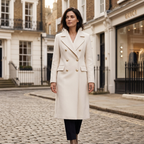 Women's white double-breasted overcoat with gold button front